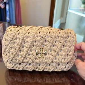 Tory Burch Cream Crochet Crossbody with Gold Logo